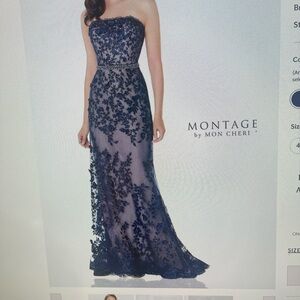 Montage by Mon Cheri Strapless Navy Gown